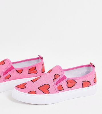 ASOS DESIGN Wide Fit Dotty slip-on canvas sneakers in pink heart print