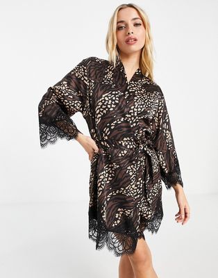 Loungeable satin robe in dark animal - part of a set-Black