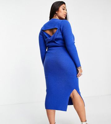 ASOS DESIGN Curve knitted rib midi dress with back twist detail-Blues