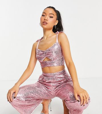Jaded Rose Petite exclusive sequin cut out crop top in baby pink - part of a set