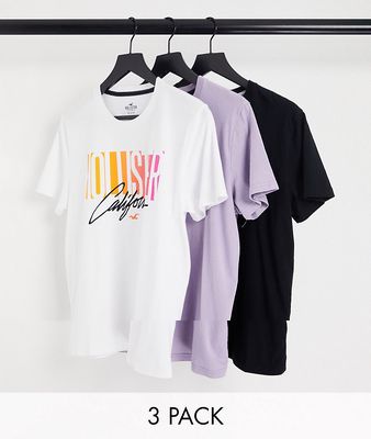Hollister 3 pack ombre logo print T-shirt in white/lilac/black-Multi