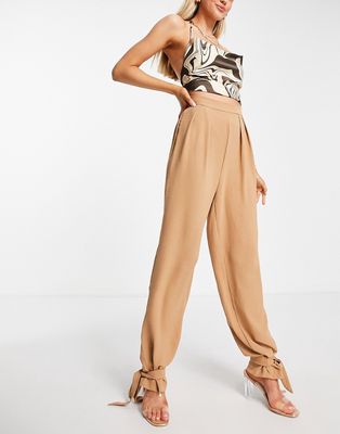 Rebellious Fashion cuff detail pants in camel-Neutral