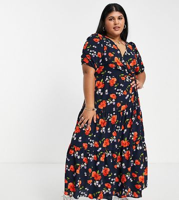 ASOS DESIGN Curve wrap front tiered smock midi dress in navy floral print-Multi