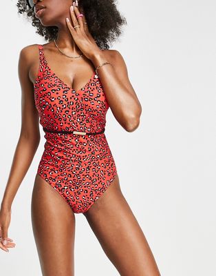 Figleaves Fuller Bust swimsuit with belt detail in red leopard