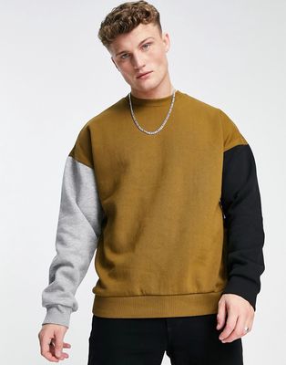 Only & Sons oversized color block sweatshirt in tan-Brown