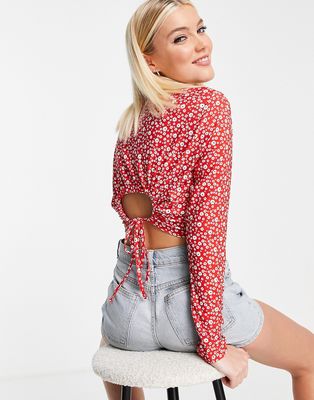 Wednesday's Girl cut out back long sleeve crop top in red ditsy floral