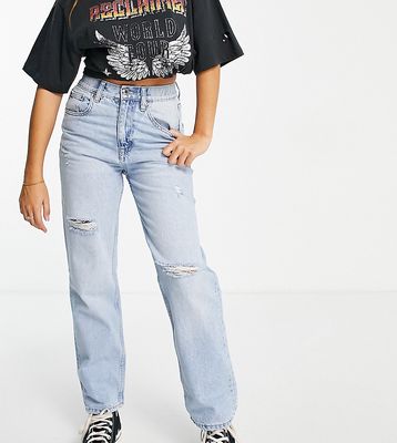 Pull & Bear Exclusive Petite elastic waist mom jean with rips in light blue-Blues