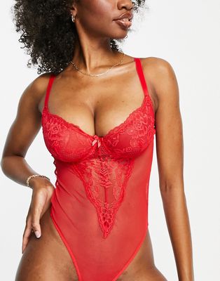 Ivory Rose Fuller Bust lace underwired thong bodysuit with high leg cut in red