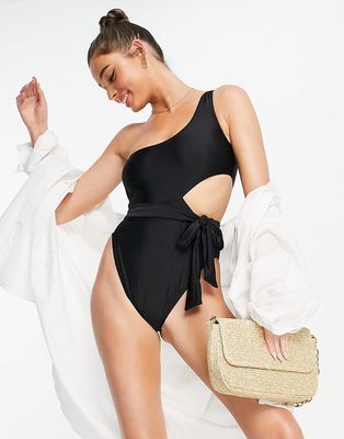 Brave Soul one shoulder cut out swimsuit with removable belt in black