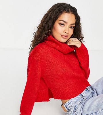 Brave Soul Petite cattio boxy cropped roll neck sweater-Red