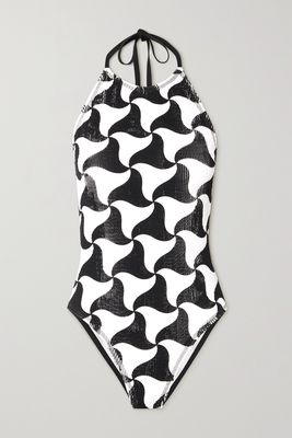 Bottega Veneta - Printed Seersucker Halterneck Swimsuit - Black