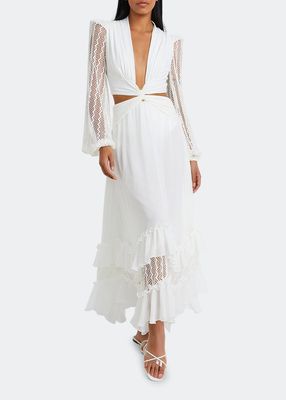 Plunge Lace-Sleeve Cutout Maxi Dress