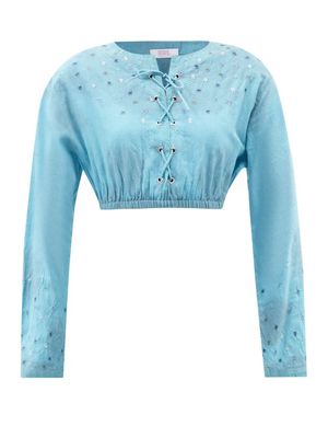 Erl - Floral-embroidered Cropped Cotton Blouse - Womens - Blue