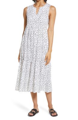 beachlunchlounge Ireana Tiered Ruffle Midi Dress in Spots Blanc