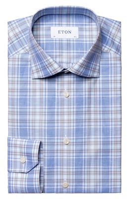 Eton Contemporary Fit Plaid Cotton & Linen Dress Shirt in Medium Blue