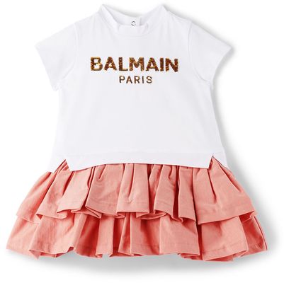 Balmain Baby White & Pink Sequins Logo Ruffle Dress