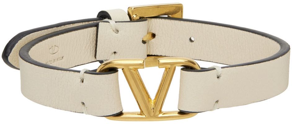 Valentino Garavani White & Gold Leather VLogo Bracelet