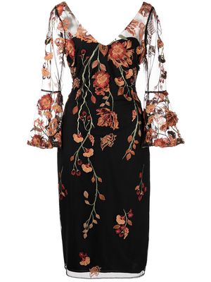 Marchesa Notte floral embroidered V-neck dress - Black