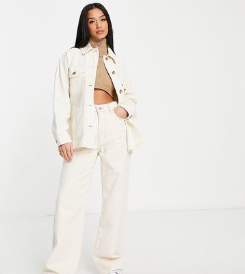 Topshop Petite oversized lightweight shirt jacket with woven label in ecru-White