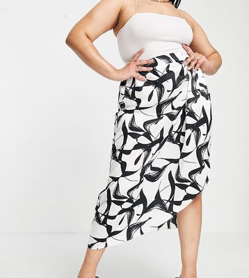 River Island Plus abstract print twist front midi skirt in white