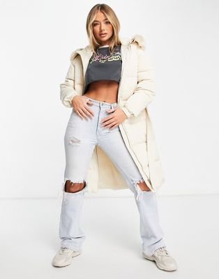 QED London longline belted puffer coat with faux fur hood in cream-White