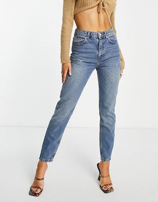NA-KD high waist slim denim jeans in mid blue