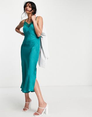 French Connection satin cami dress with lace detail in teal-Blue