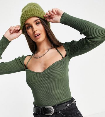 Missguided Tall square neck knit top in khaki-Green