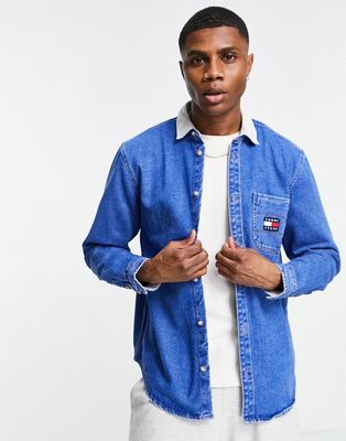 Tommy Jeans flag logo pocket heavy denim cord collar overshirt relaxed fit in mid wash-Blues