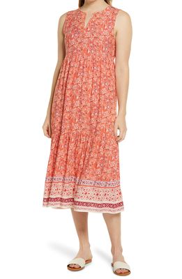beachlunchlounge Ireana Tiered Ruffle Midi Dress in Shell Coral