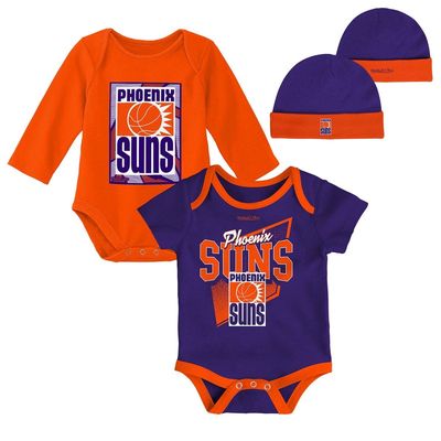 Infant Mitchell & Ness Blue/Orange Phoenix Suns Hardwood Classics Bodysuits & Cuffed Knit Hat Set in Purple