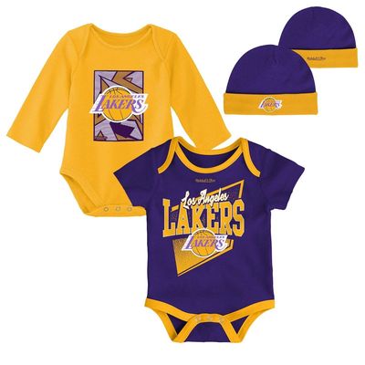 Infant Mitchell & Ness Purple/Gold Los Angeles Lakers Hardwood Classics Bodysuits & Cuffed Knit Hat Set
