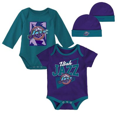 Infant Mitchell & Ness Purple/Teal Utah Jazz Hardwood Classics Bodysuits & Cuffed Knit Hat Set