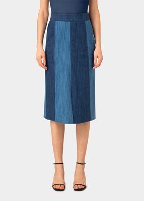 Bicolor Paneled Denim Midi Skirt