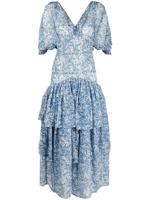 byTiMo smocked-panel bell-sleeve long dress - Blue