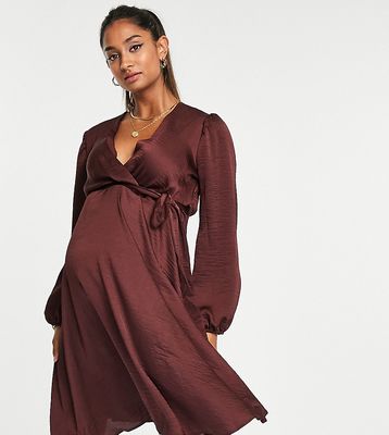Queen Bee Maternity wrap front satin mini dress in brown