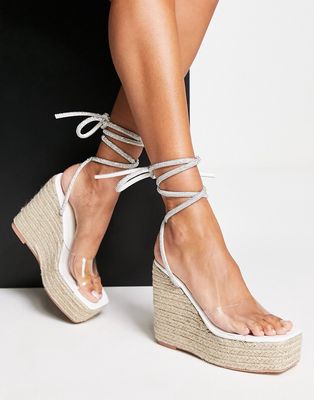 Public Desire Sunbeam espadrille wedge heeled sandals with crystal ankle tie in white