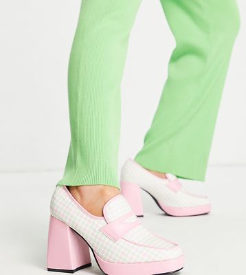 Daisy Street Exclusive platform heeled shoes in pink and green gingham-Multi