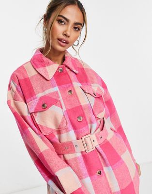 Pieces belted waist shacket in pink check-Multi