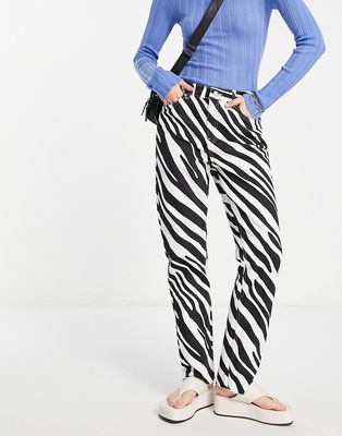 NA-KD high waist zebra print straight leg jeans in black and white-Multi