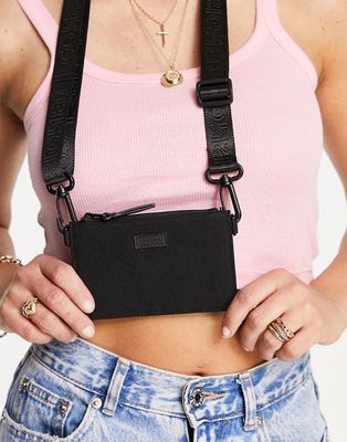 Consigned zip neck strap wallet in black