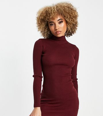 Missgudied high neck ribbed knit mini dress in burgundy-Red
