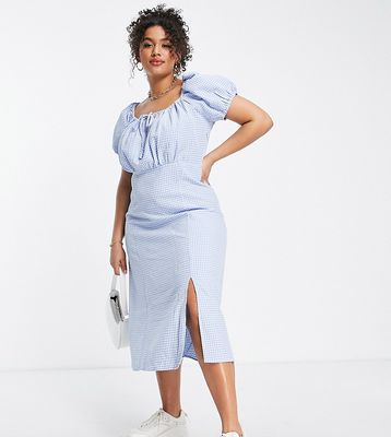 Vila Curve Exclusive midi dress with square neck in blue gingham print
