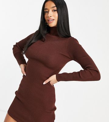 Missguided Petite high neck ribbed knit mini dress in chocolate-Brown
