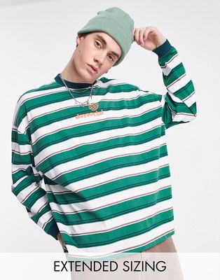 ASOS Daysocial oversized long sleeve t-shirt in all over stripe with front logo print in green