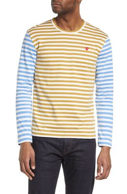 COMME DES GARCONS PLAY Small Heart Stripe Colorblock Long Sleeve T-Shirt in Olive/Blue