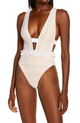 RIVER ISLAND Lace Peplum One-Piece Swimsuit in White