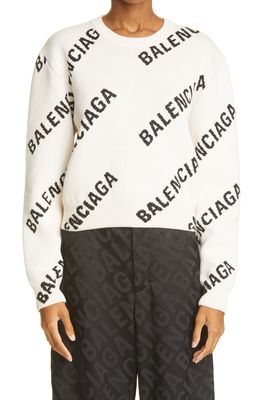 Balenciaga Intarsia Logo Cotton Blend Sweater in 9054 Chalky White/Black