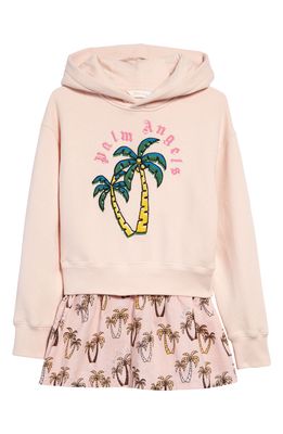 Palm Angels Kids' Palm Print Embroidered Cotton Graphic Hoodie Dress in Pink Green