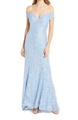 Vince Camuto Off the Shoulder Sequin Lace Gown in Sky